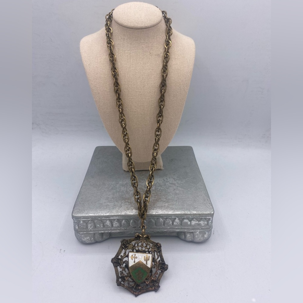Vintage Brass Toned Shield Pendant &  Chain Necklace Scottish/ English Style